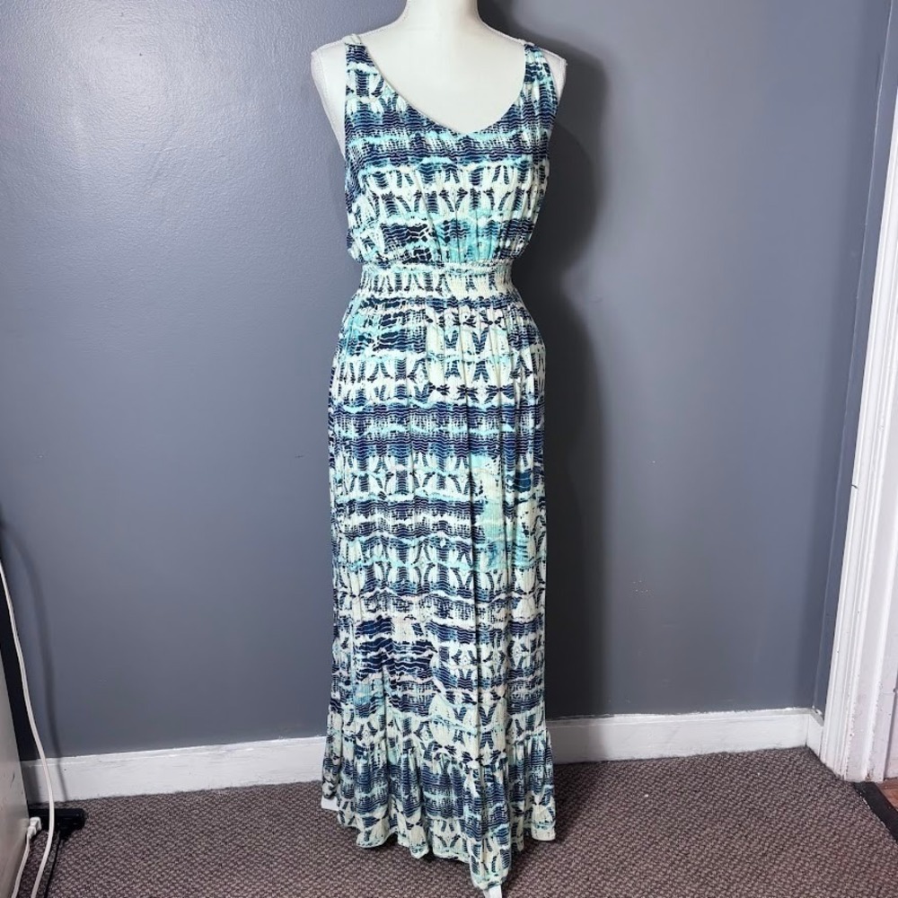 Nicole Miller New York Blue Ikat Print Smocked‎ Maxi Dress NWT Women Size 10